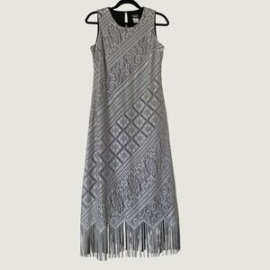 Helene Blake 90s Silver Metallic Lurex Lace Fringe Maxi Dress Size 6 Casual